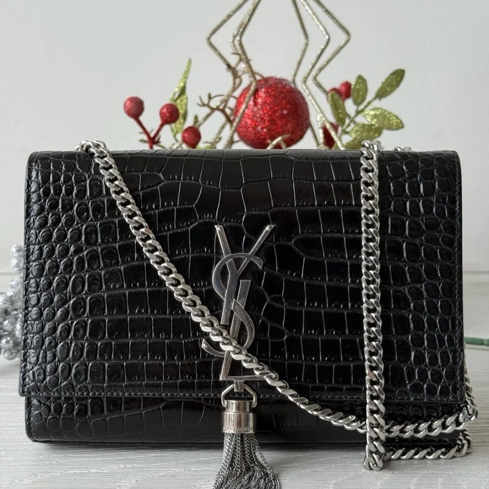 Yves Saint Laurent Black Croc-Embossed Chain Bag - Picture 2 of 8